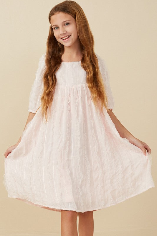 Girls Ruffled Mesh Square Neck Dress