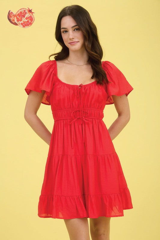 short sleeve tiered mini dress Front Tie Strap Short Sleeve Tiered Mini Dress