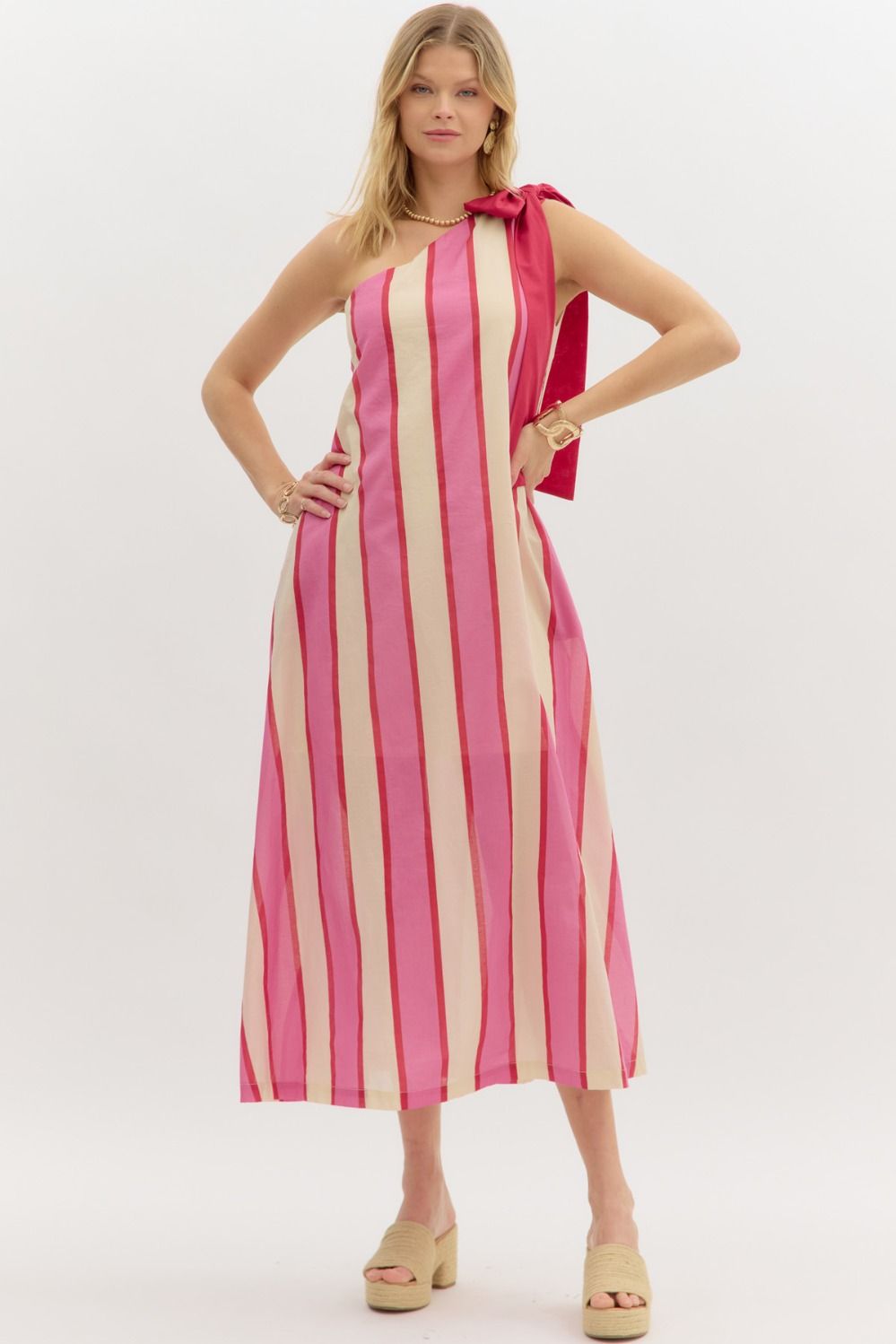 pink striped off the shoulder dress Striped Off the Shoulder Midi -cream pink