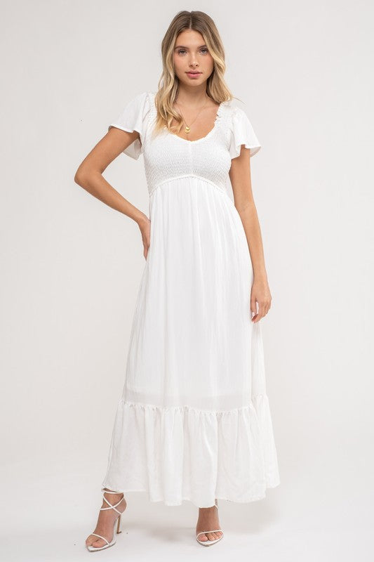 tiered short sleeve midi dress TIERED SHORT SLEEVE MIDI DRESS