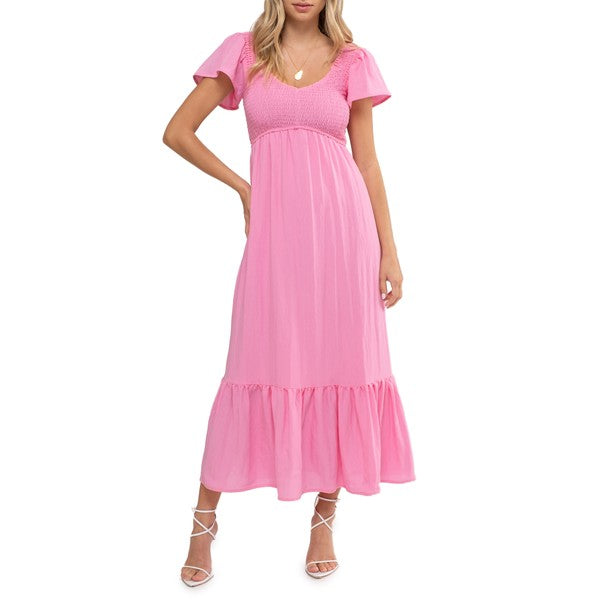 tiered short sleeve midi dress TIERED SHORT SLEEVE MIDI DRESS