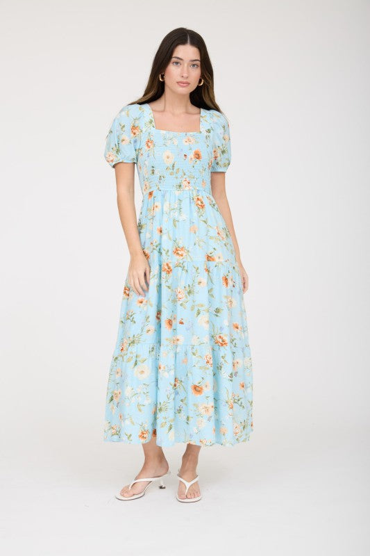 Floral Smocked Puff Sleeve A-line Midi Dress