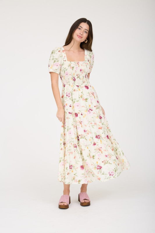 a line smocked dress Floral Puff Sleeve A-line Midi SIZE:9 US - 26 MX DIY long sleeve maxi NPU-Dorie-202044 Wear it with sandals