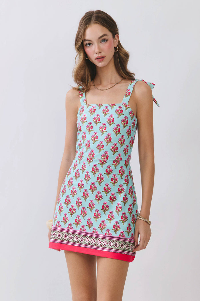 Floral Print Tie Shoulder Mini Dress with Border Hem