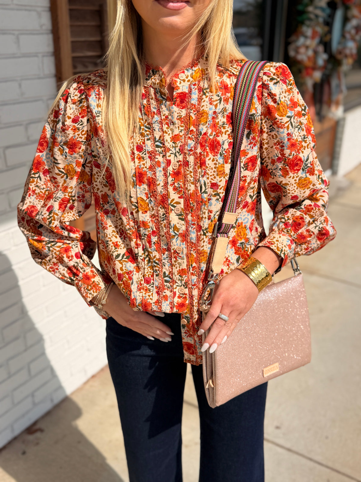 Lace Trimmed Tuck Detail Floral Print Blouse
