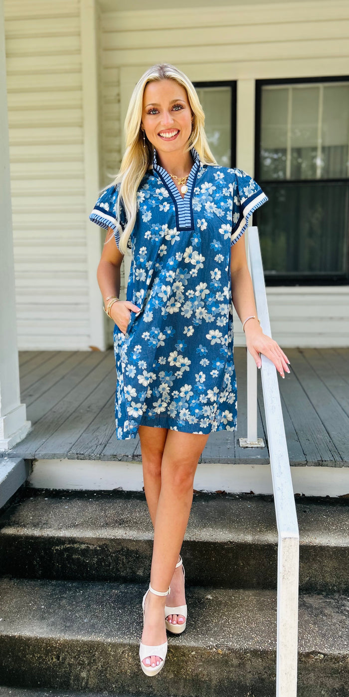 Floral Shift Dress with Contrast Trim