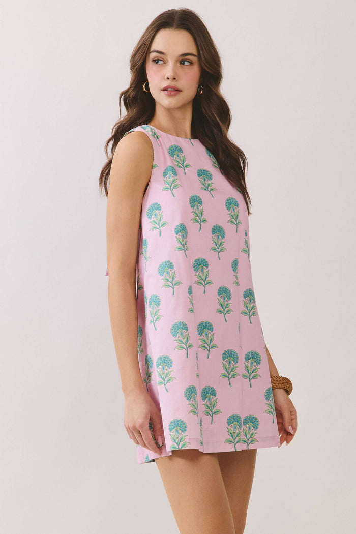Pink Floral Round Neck Back Tie Mini Dress
