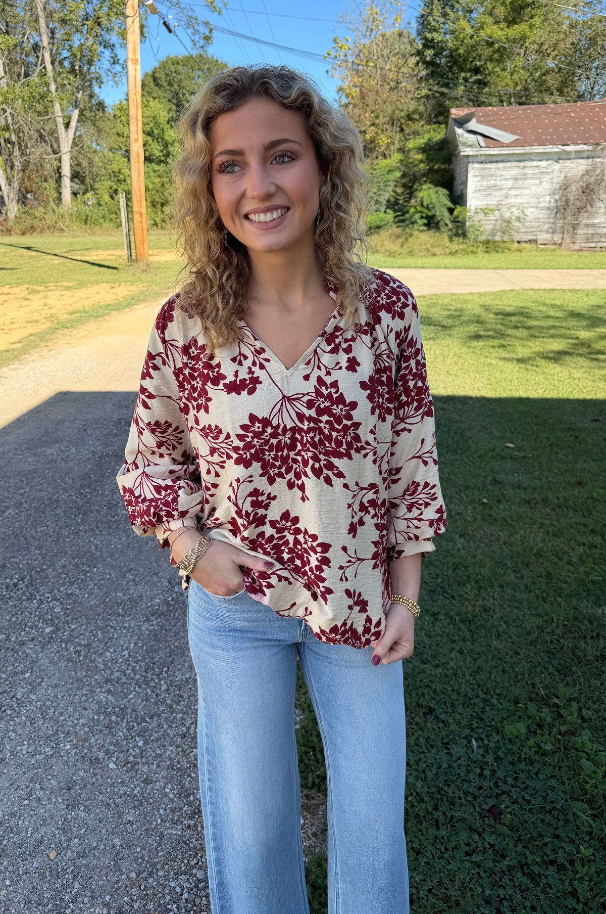Cherry Blossom Print Scalloped Hem Blouse