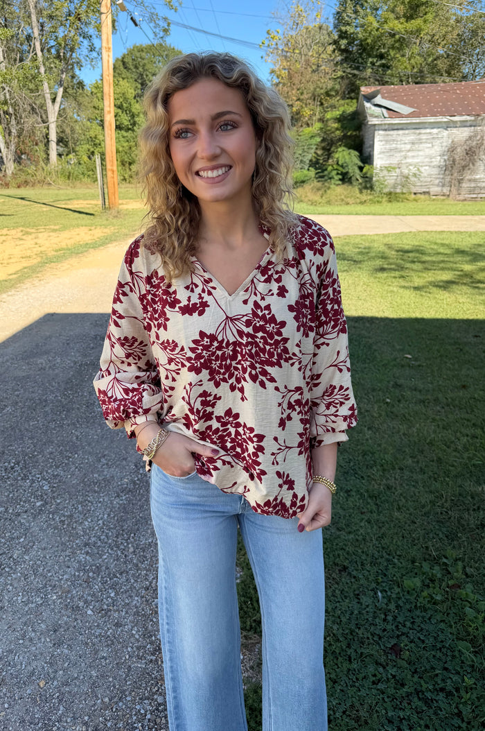 Cherry Blossom Print Scalloped Hem Blouse