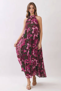 Floral Print Pleated Halter Maxi Dress