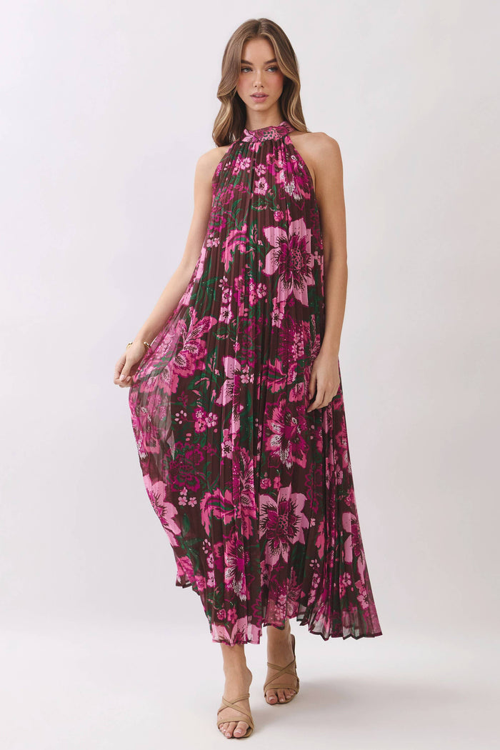 Floral Print Pleated Halter Maxi Dress