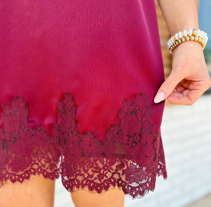 Satin Lace Hem Sleeveless Mini Dress