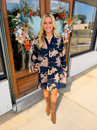 Corduroy Floral V-Neck Shift Dress
