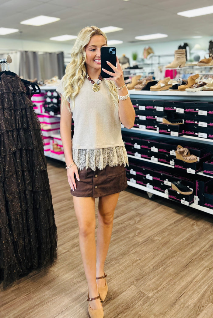 Lace Trim Textured Knit Top