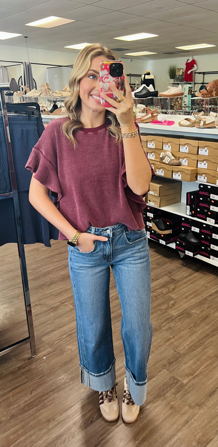 Waffle Knit Tiered Flutter Sleeve Crop Top