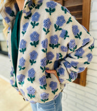 Flower Pattern Zipper Front Sherpa Jacket
