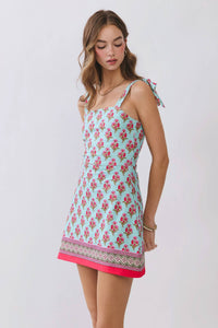 Floral Print Tie Shoulder Mini Dress with Border Hem