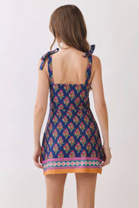 Floral Print Tie Shoulder Mini Dress with Border Hem