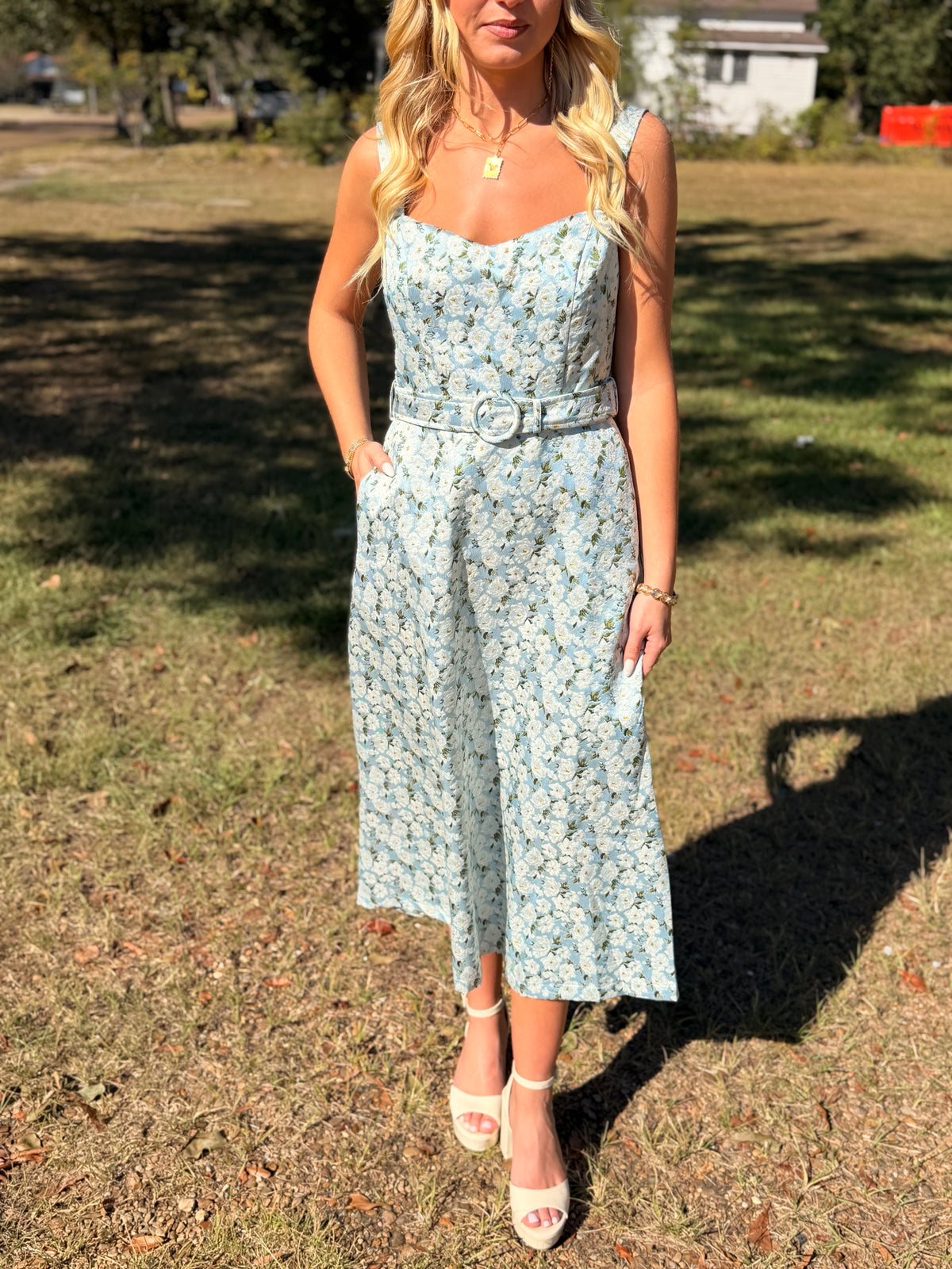 Floral Jacquard Belted Midi Dress
