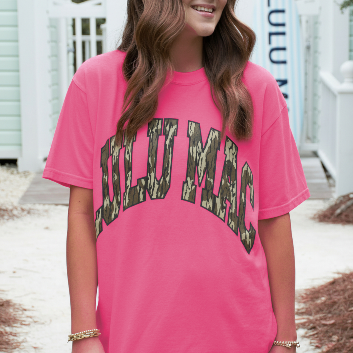 Lulu Mac Mossy Oak Bottomland Adult Neon Pink Comfort Colors Mossy Oak Tee