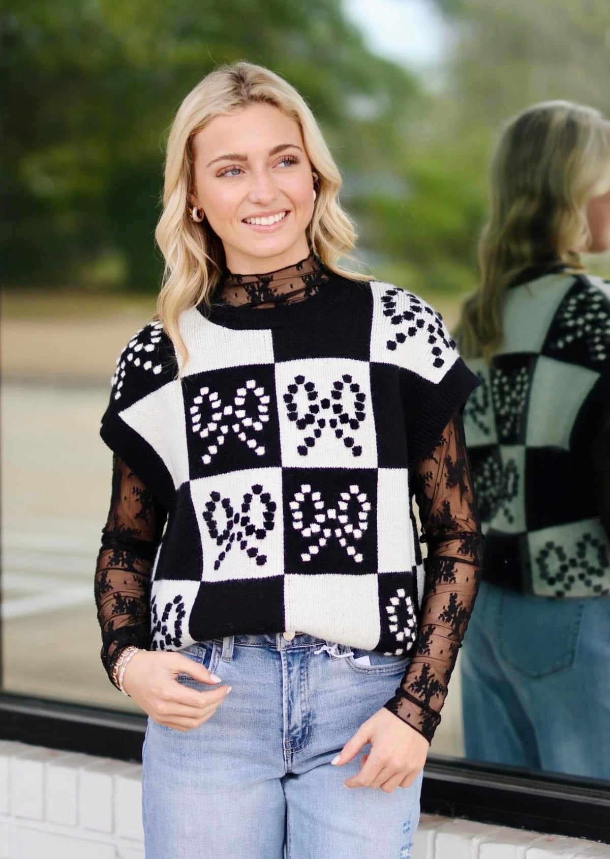 CHECKERED BOW PATTERN SWEATER VEST