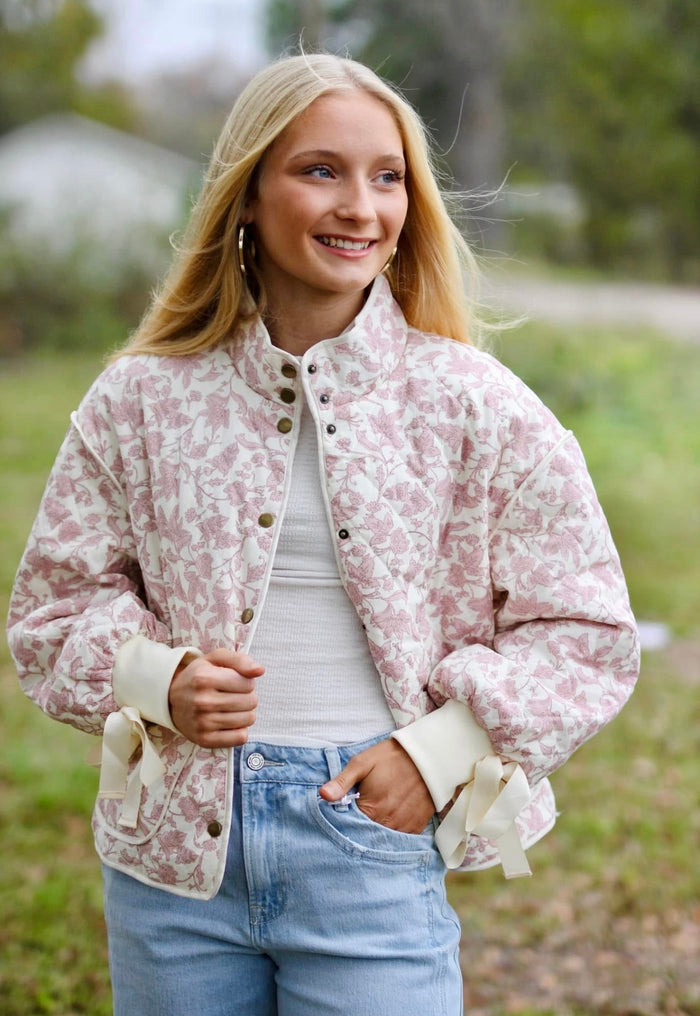 FLORAL QUILTED JACKET WITH BOW TIE RIBBON DETAIL