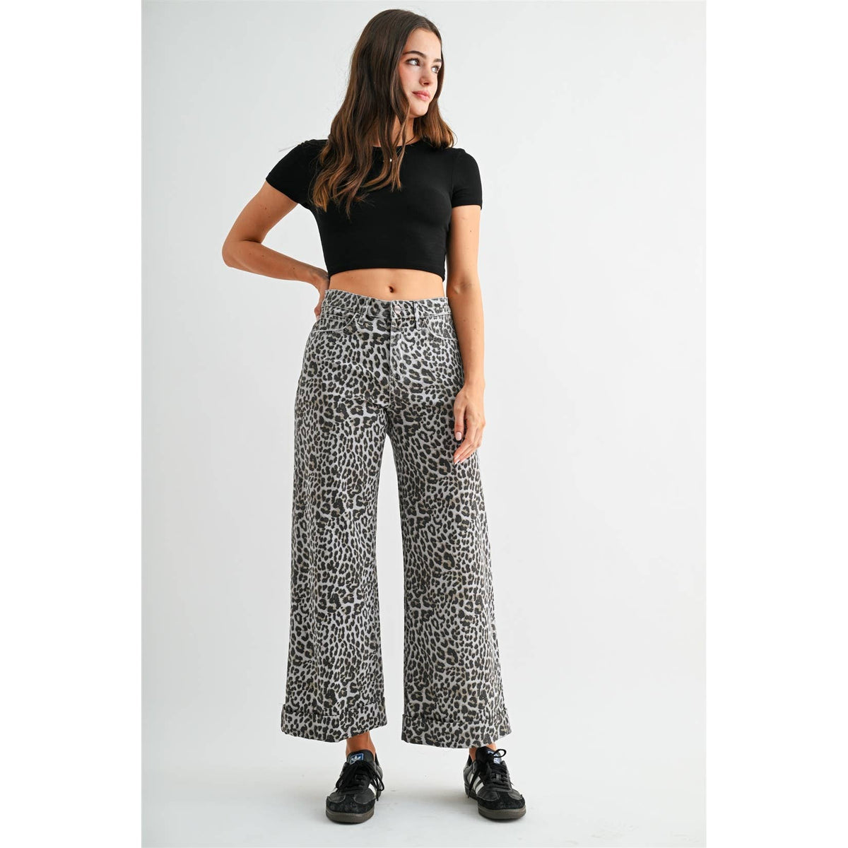 HIGH-RISE WIDE LEG CROPPED CUFF LEOPARD
