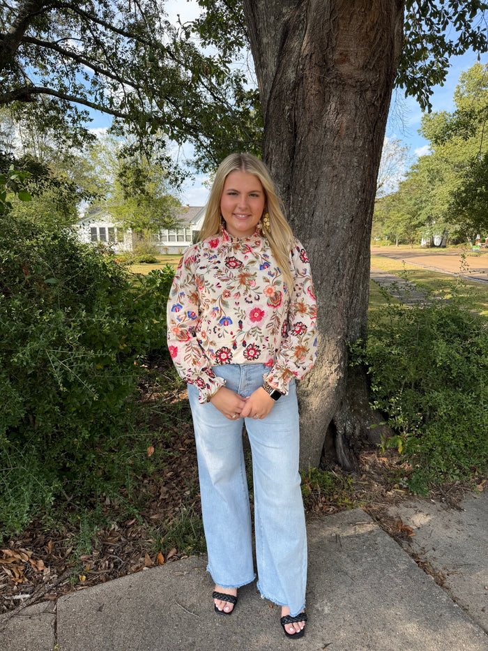 Exclusive Floral Print Ruffled Mock Neck Top