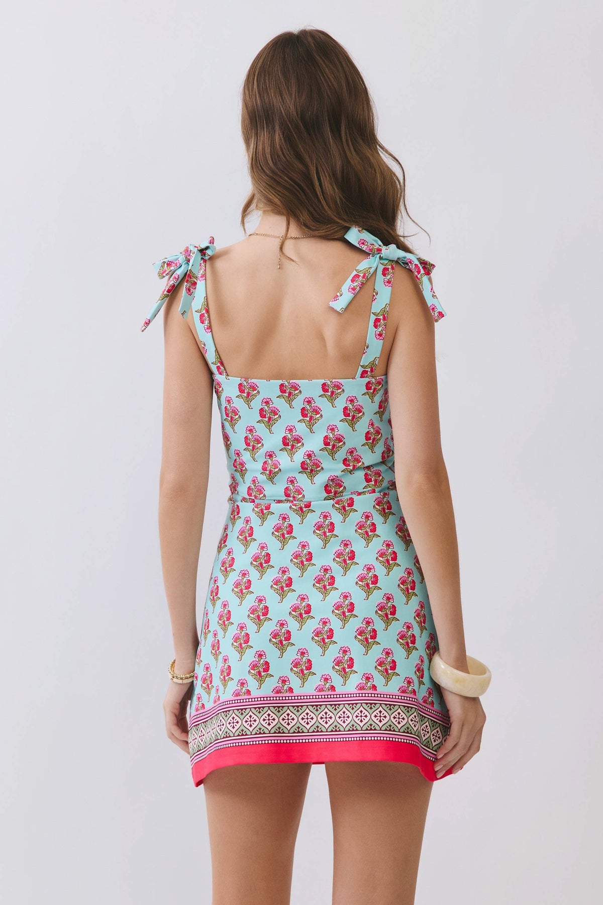 Floral Print Tie Shoulder Mini Dress with Border Hem