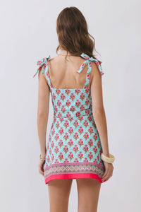 Floral Print Tie Shoulder Mini Dress with Border Hem