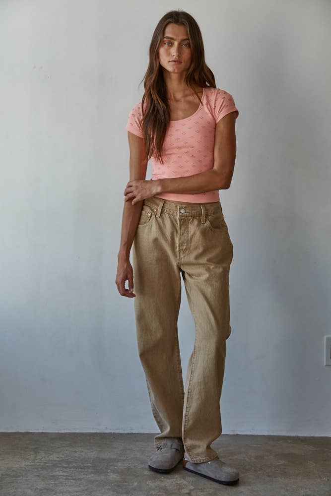 Seamless Eyelet Round Neck Short Sleeve Top