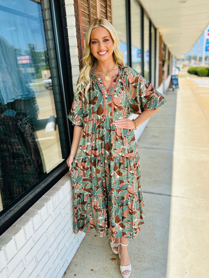 Mix Abstract Print Tiered Boho Midi Dress