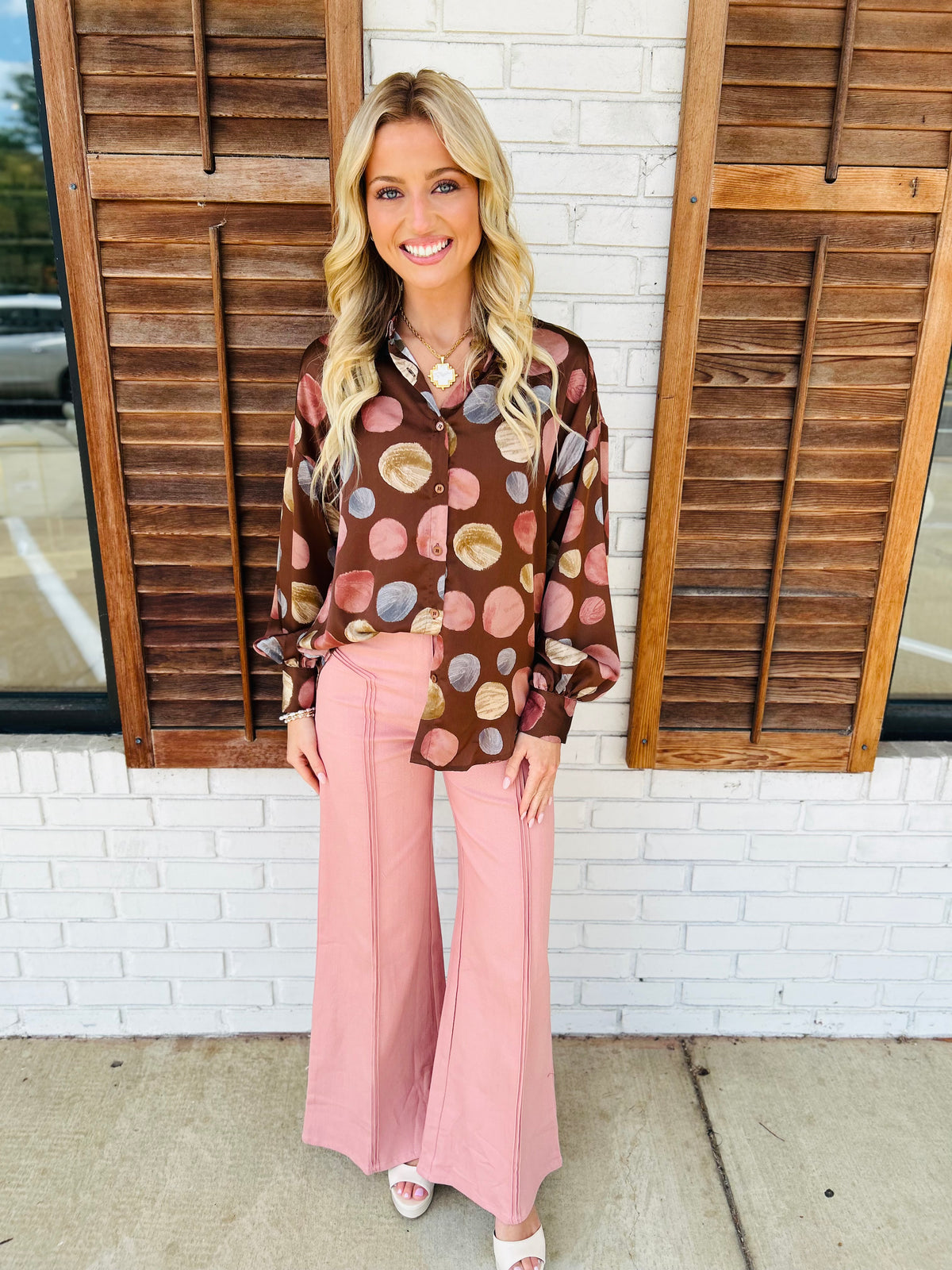 MULTICOLOR POLKA DOT PRINT SATIN BUTTON UP BLOUSE