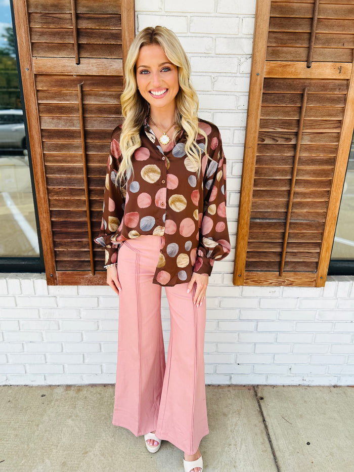MULTICOLOR POLKA DOT PRINT SATIN BUTTON UP BLOUSE