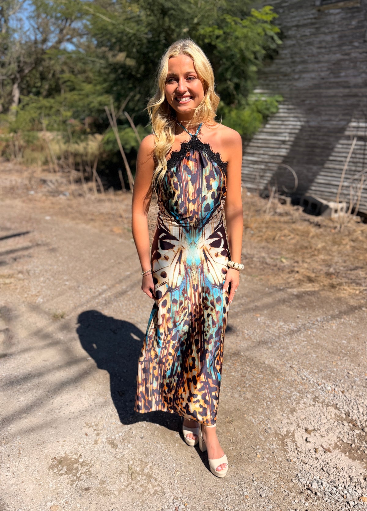 Butterfly Print Lace Trim Halter Maxi Dress