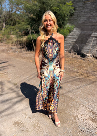 Butterfly Print Lace Trim Halter Maxi Dress