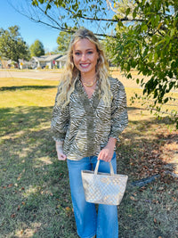Ruffle Detail Zebra Print V Neck Top