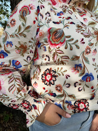 Exclusive Floral Print Ruffled Mock Neck Top