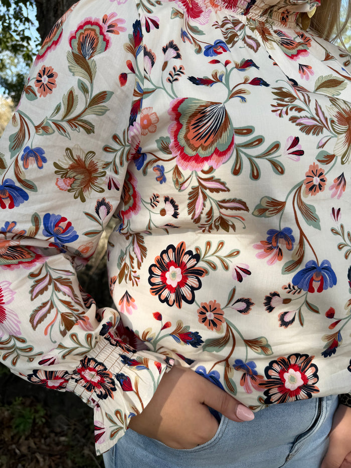 Exclusive Floral Print Ruffled Mock Neck Top