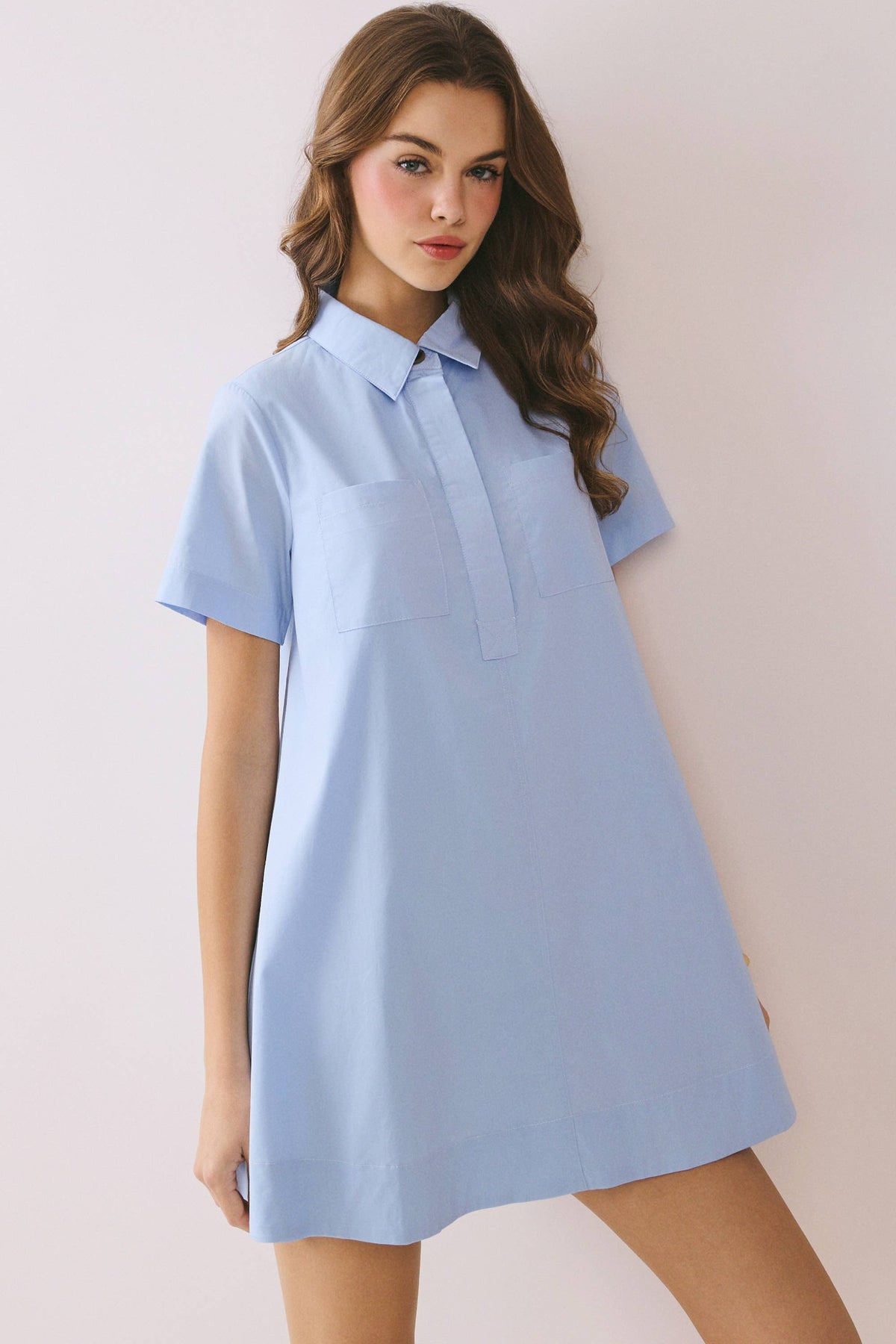-Button Down Bold Contrast Stitching Shirt Dress