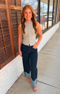 Striped Crew Neck Sleeveless Button Down Knit Tank