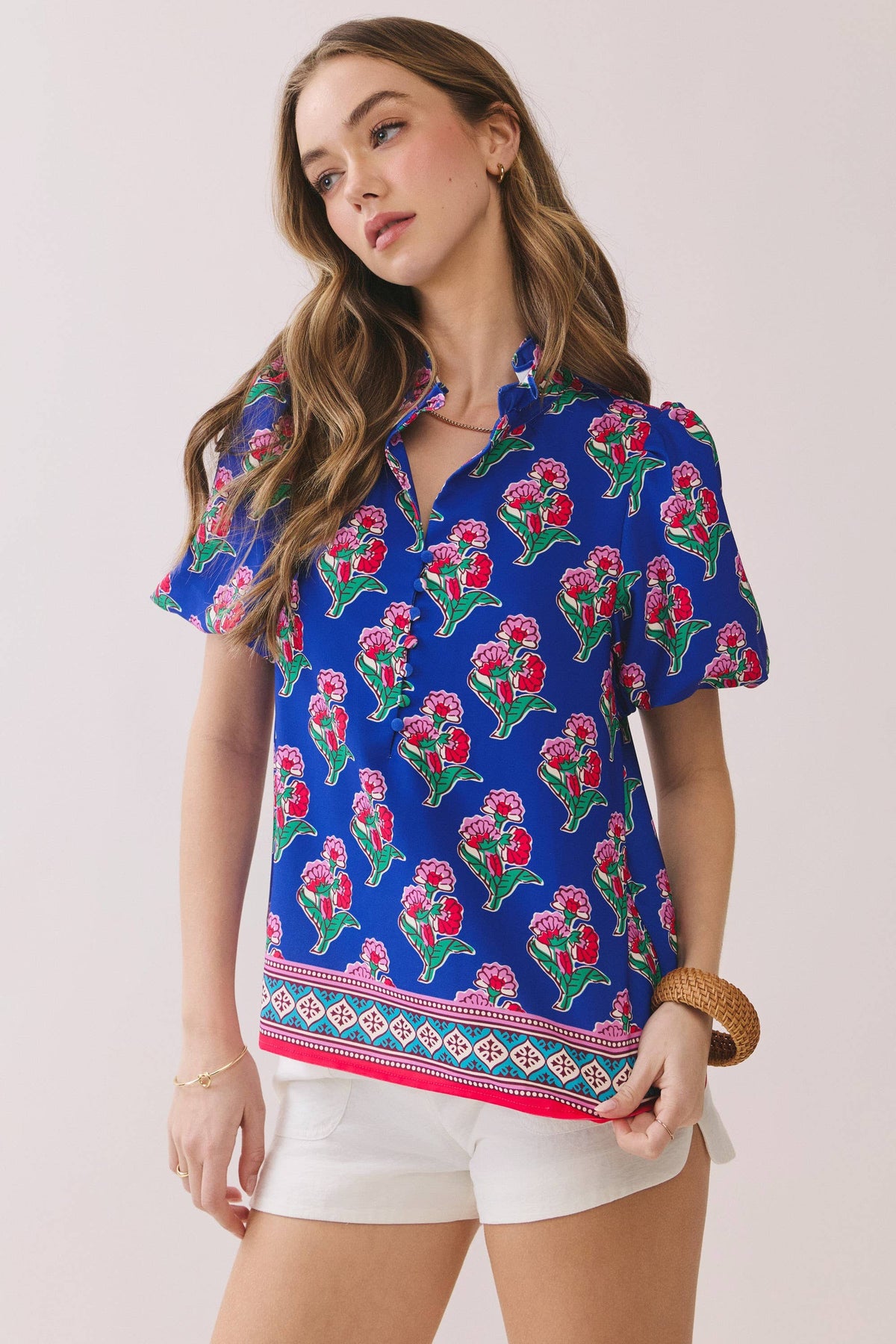 -Floral Print Contrast Border Hem Split Neck Blouse