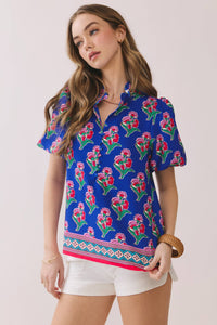 -Floral Print Contrast Border Hem Split Neck Blouse