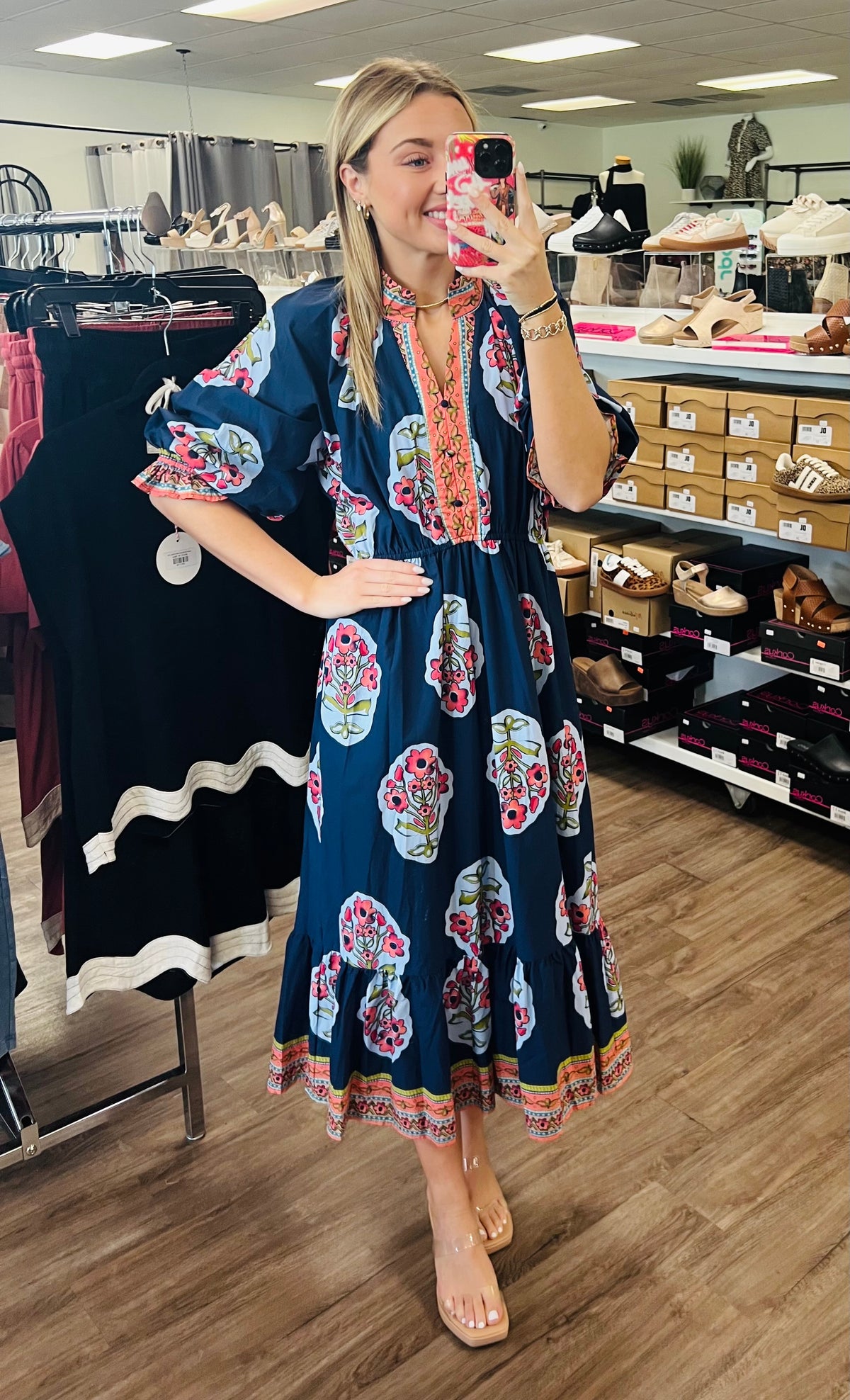 Flower Patch Boarder Print V-Neck Midi Dress