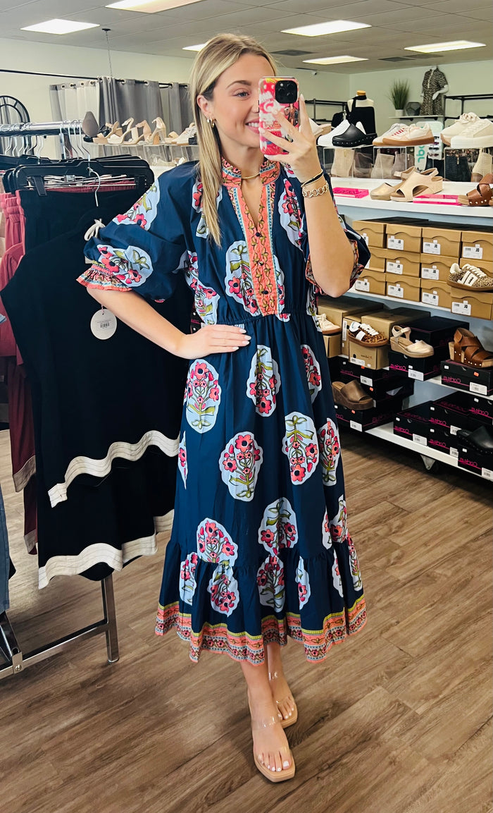 Flower Patch Boarder Print V-Neck Midi Dress