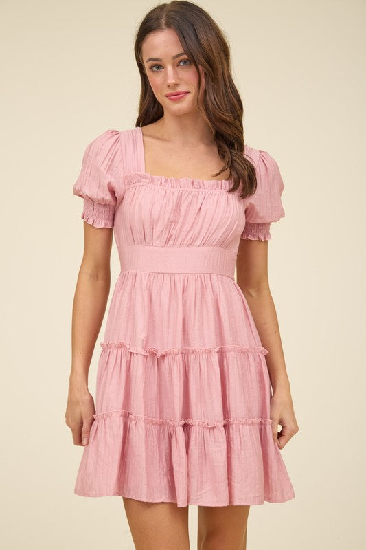 SQUARE NECK SMOCKED DETAIL TIERED MINI DRESS