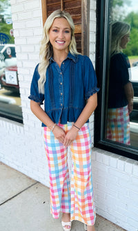 COMFORT STRETCH PASTEL GINGHAM WIDE LEG JEAN