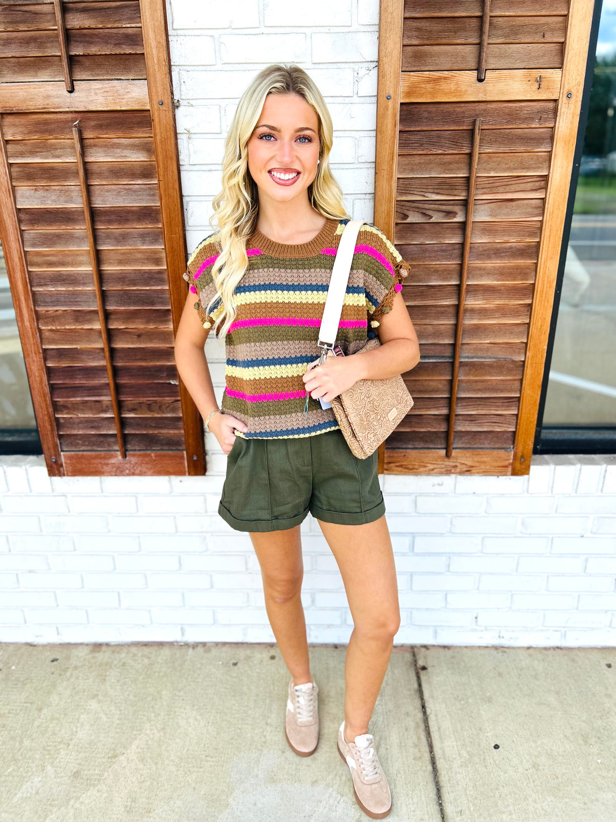 Striped Sleeveless Knit Sweater With Pompom Trim
