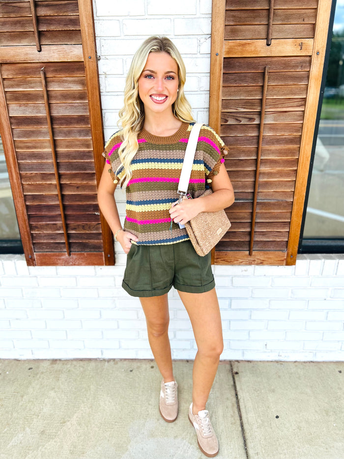 Striped Sleeveless Knit Sweater With Pompom Trim