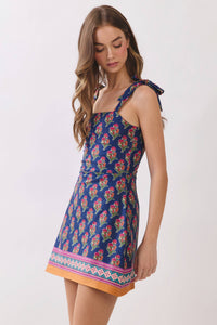 Floral Print Tie Shoulder Mini Dress with Border Hem
